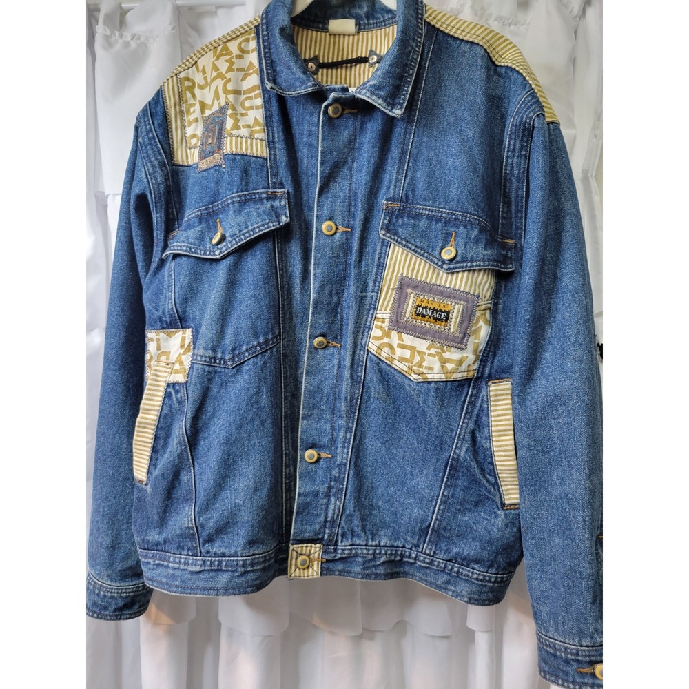 Vintage Major Damage Denim‎ Jacket Mens Blue Patchwork 90s Hip Hop Streetwear XL